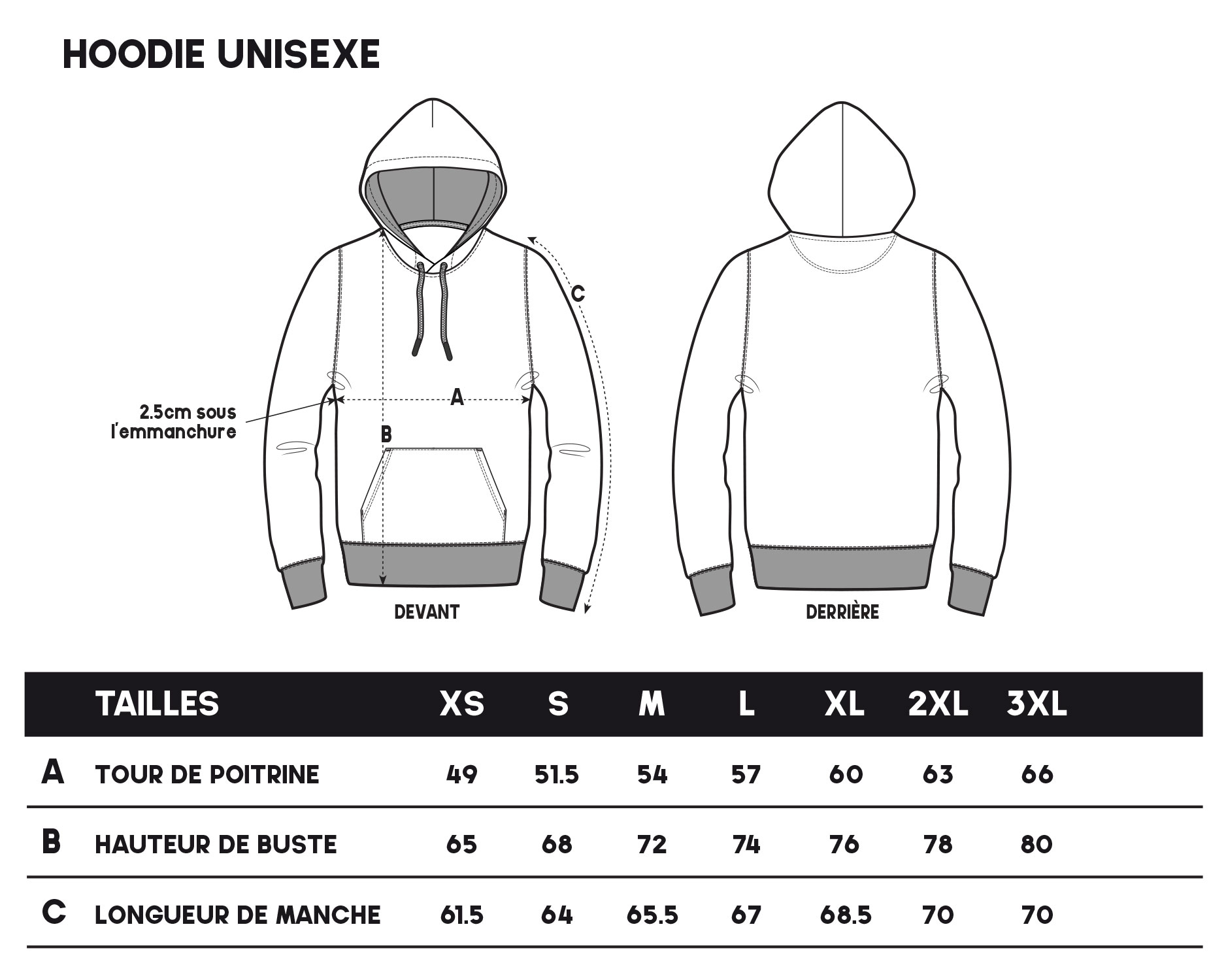 Guide des tailles hoodie unisexe